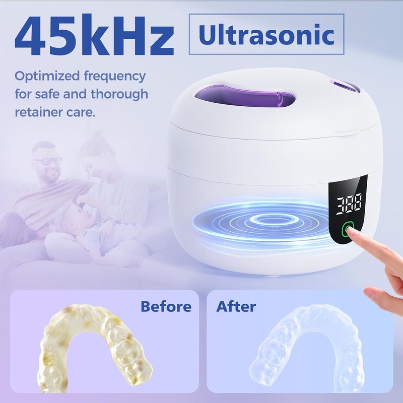 Eonini Waterproof Ultrasonic Retainer Cleaner Machine with 180ml Removable Water Tank – 45kHz Ultrasonic Cleaner for Mouth Guards, Jewelry, and Retainer Cleaner– Digital Timer, Smart Pause, Quiet to 30dB - Image 5